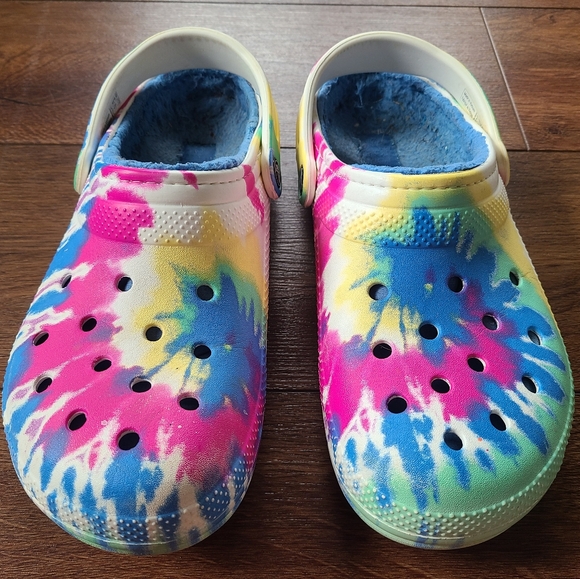 CROCS Shoes - Crocs White Tie-Dye Lined Clog Sz Men 9 Women 11